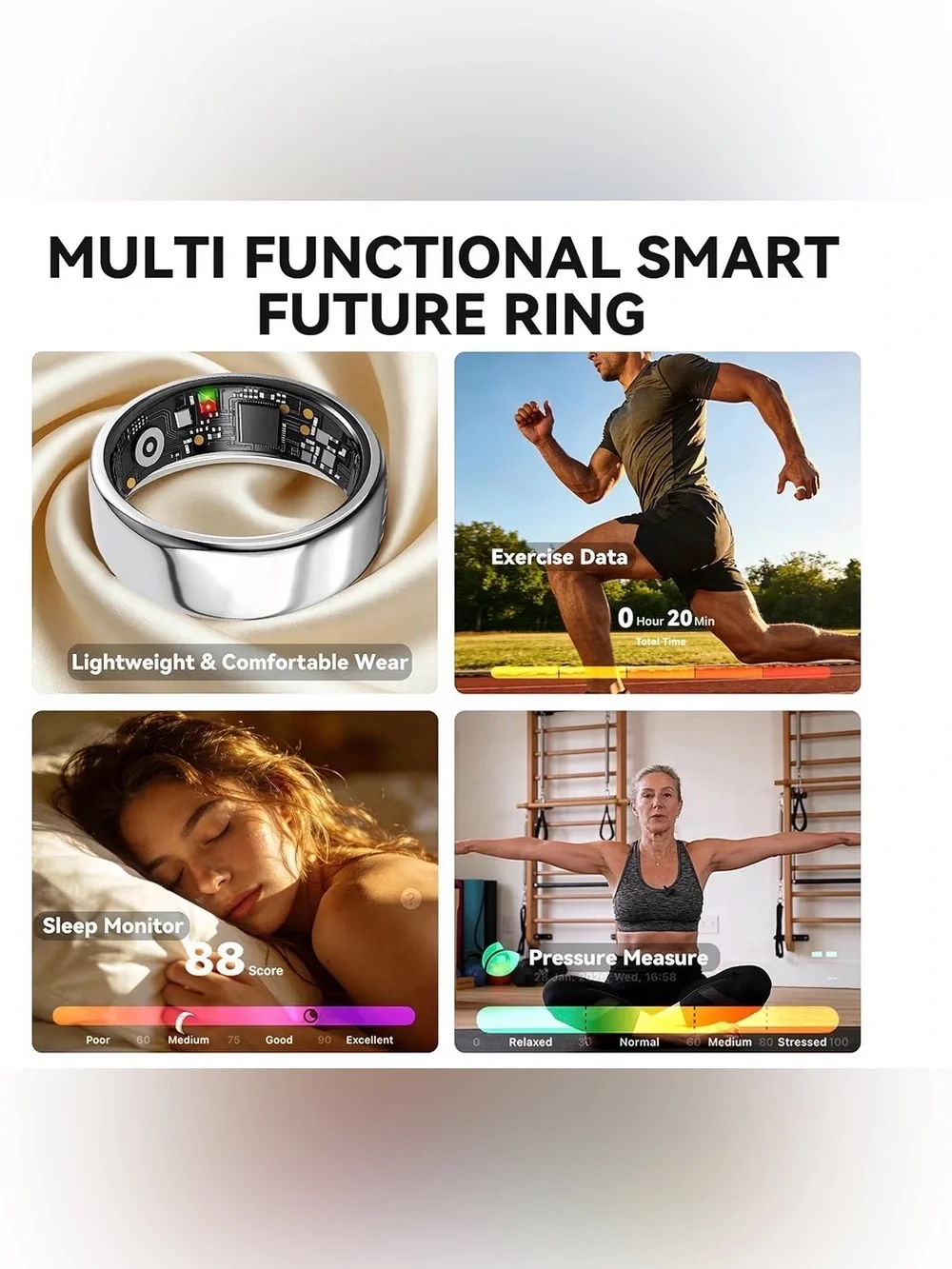 Smart Fitness Ring - Silver Health & Activity Tracker New